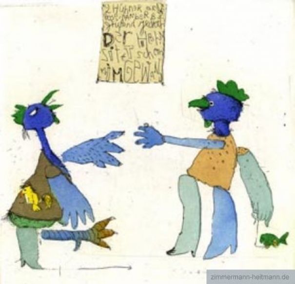 Janosch "Zwei arglose Hühner (Blau)."